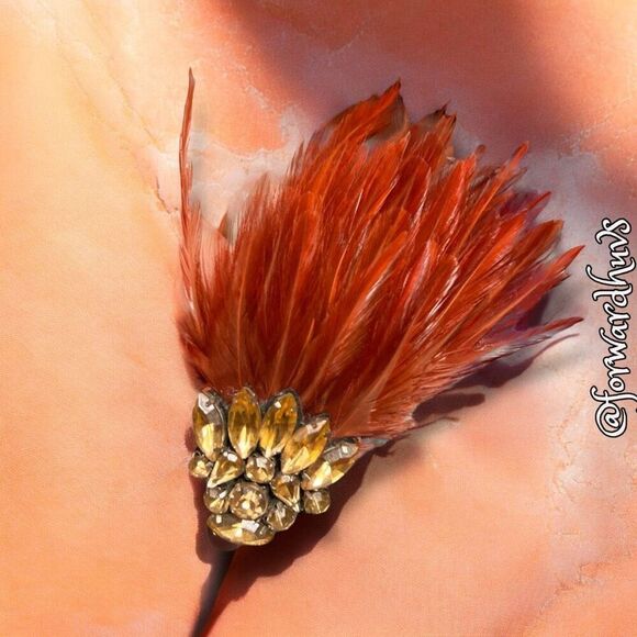 Handcrafted Burnt Orange Feathered Brooch / Hair Clip with Rhinestones - Picture 3 of 7